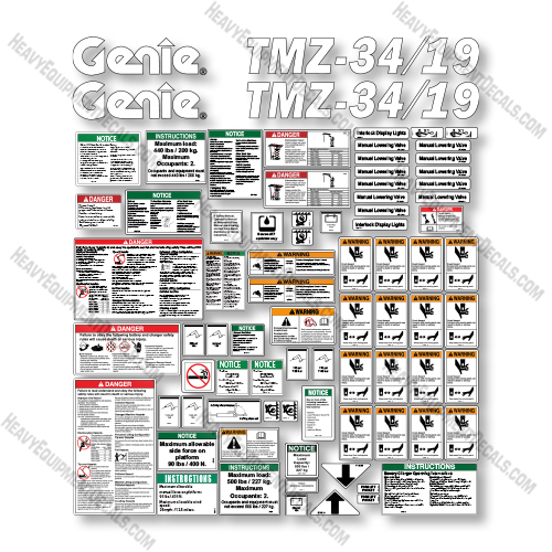 Genie TMZ-34-19 Decal Kit Boom Lift - (SN: T3400-001 to T3400-375)- Aftermarket Kit 