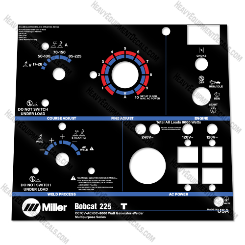 Miller Bobcat 225NT Control Decal Decal Kit Generator - Aftermarket Kit decal kit, miller