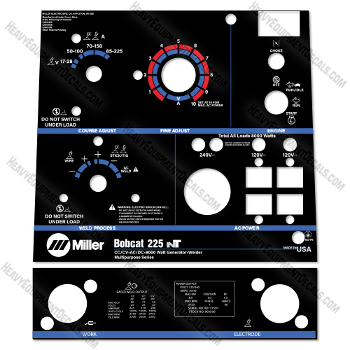 Miller Bobcat 225NT Control Decal Decal Kit Generator - Aftermarket Kit decal kit, miller