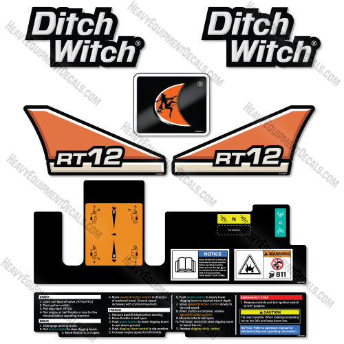 Fits Ditch Witch RT 12 Decal Kit Trencher- New Style! decal kit, ditch-witch, ditchwitch, trencher