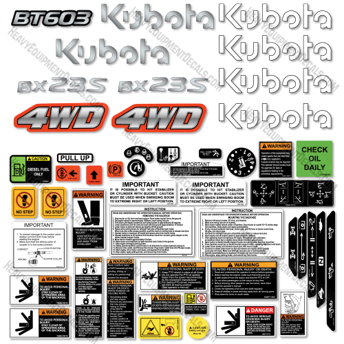 Fits Kubota BX23S Decal Kit Tractor - NEW STYLE! 23, 23s, bx23, bx23s, Kubota