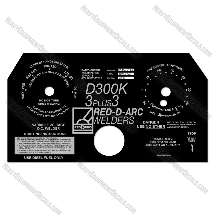 Fits Red D ARC D300K 3 PLUS 3 Welder - Faceplate Decal 