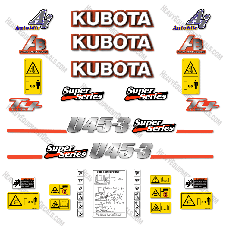 Fits Kubota U45-3 Decal Kit Mini Excavator 45, 45-3, Kubota, u45, u45-3