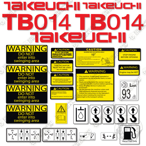 Fits Takeuchi TB 014 Mini Excavator Decals Equipment Decals 14, decal kit, tb14