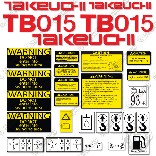 Fits Takeuchi TB 015 Mini Excavator Decals Equipment Decals 15, decal kit, tb015, tb15