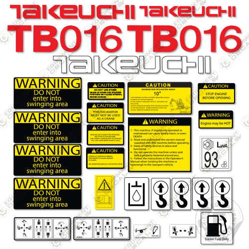 Fits Takeuchi TB 016 Mini Excavator Decals Equipment Decals 16, decal kit, tb016, tb16